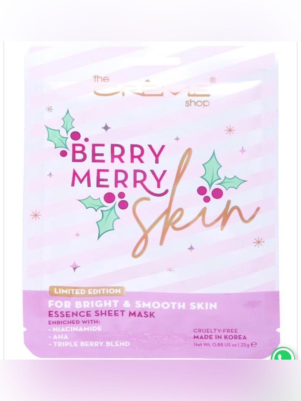 The Crème Shop Berry Merry Skin Brightening Sheet Mask Niacinamide AHA 0.88oz
